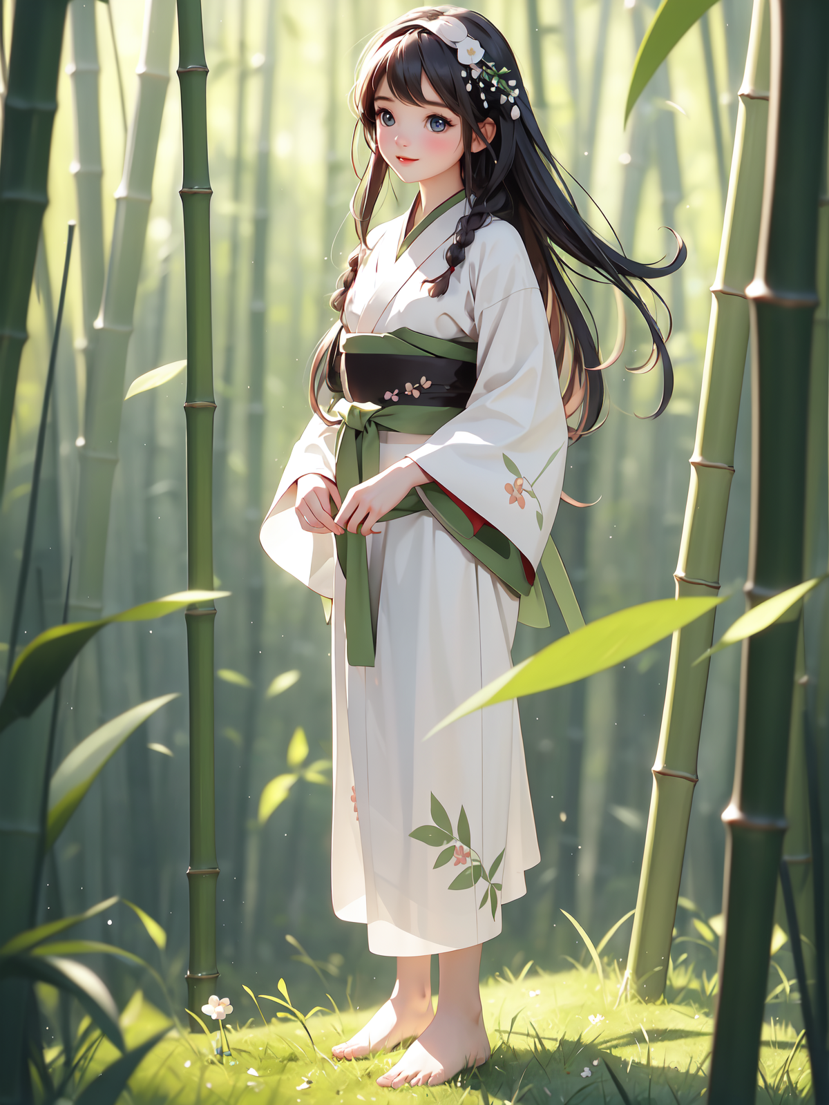 00673-712472538-BFcutegirl,1girl,full body,(standing_1.5),brown eyes,black hair,hanfu,hair band,hair ornaments,white,green,bamboo forest,hair or.png